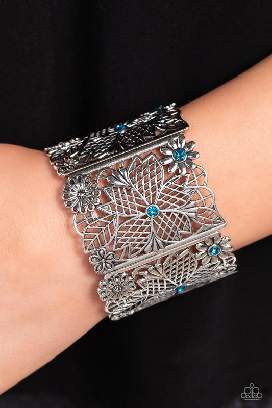 Garden City - Blue Rhinestone Floral Filigree Silver Stretch Bracelet Paparazzi B1269