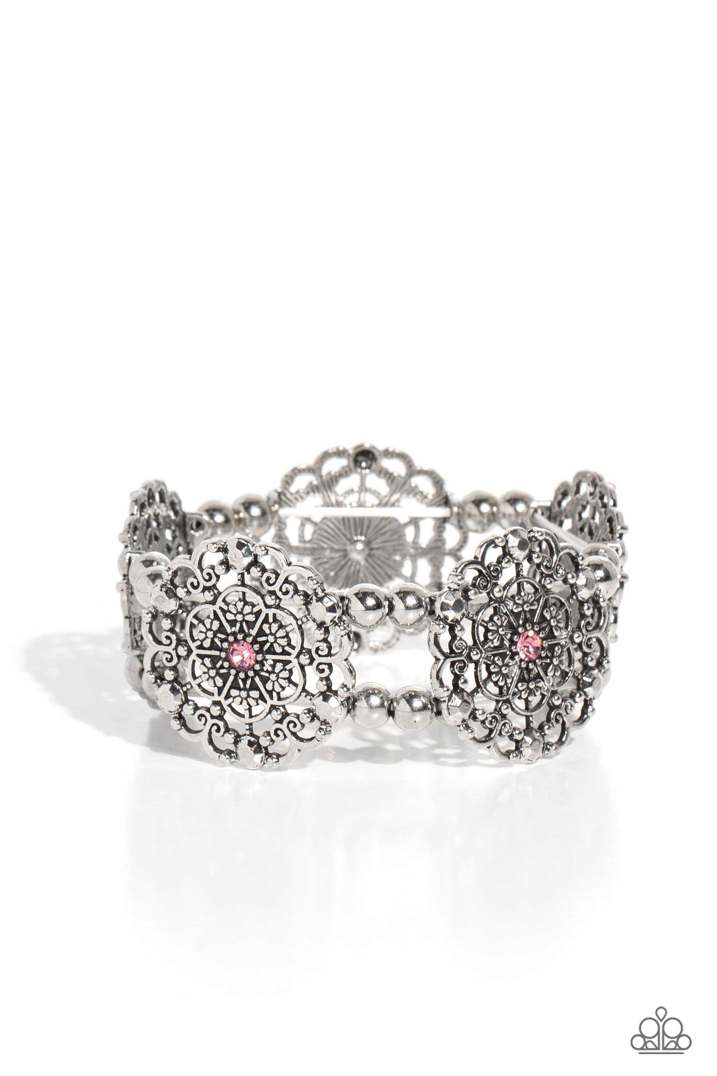 Ornamental Occasion - Pink Rhinestone Silver Floral Stretch Bracelet Paparazzi B1296