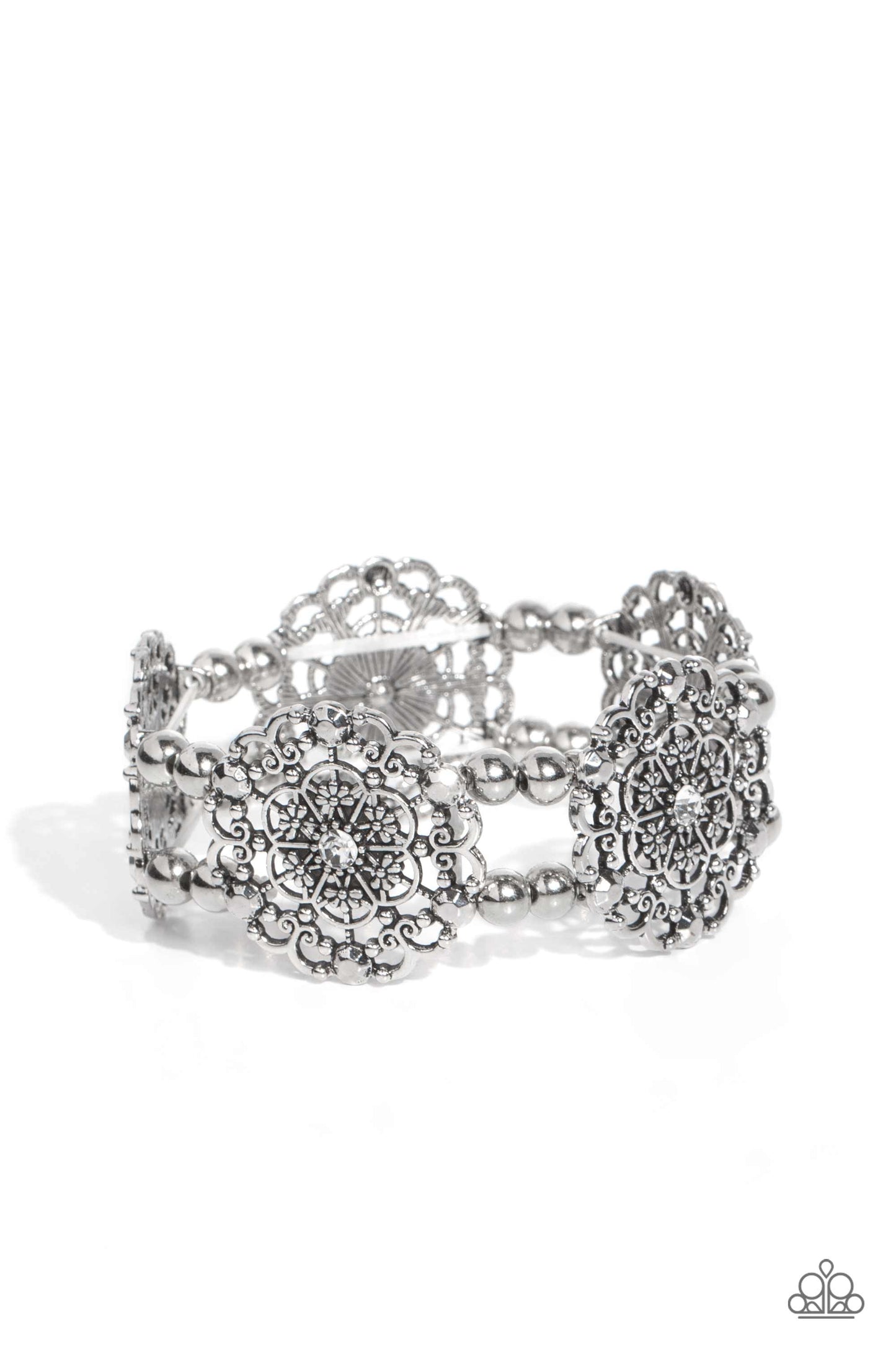 Ornamental Occasion - White Rhinestone Floral Stretch Bracelet Paparazzi B1123