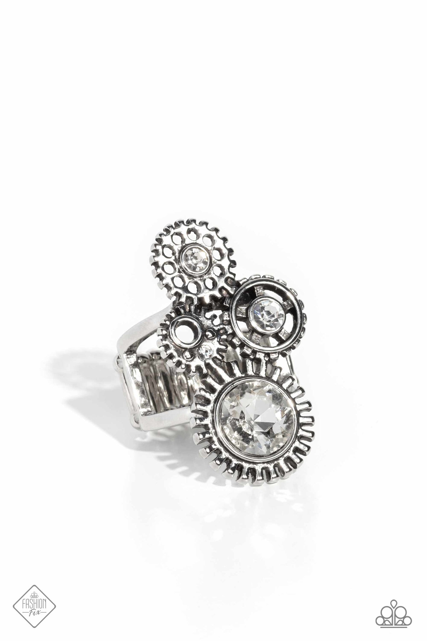 Blowing Off STEAMPUNK - White Gem Steampunk Style Silver Ring April 2023 Fashion Fix R0555