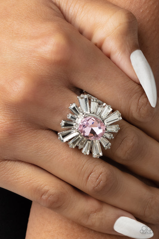 Starburst Season - Pink Centerpiece Gem White Rhinestone Ring R0538