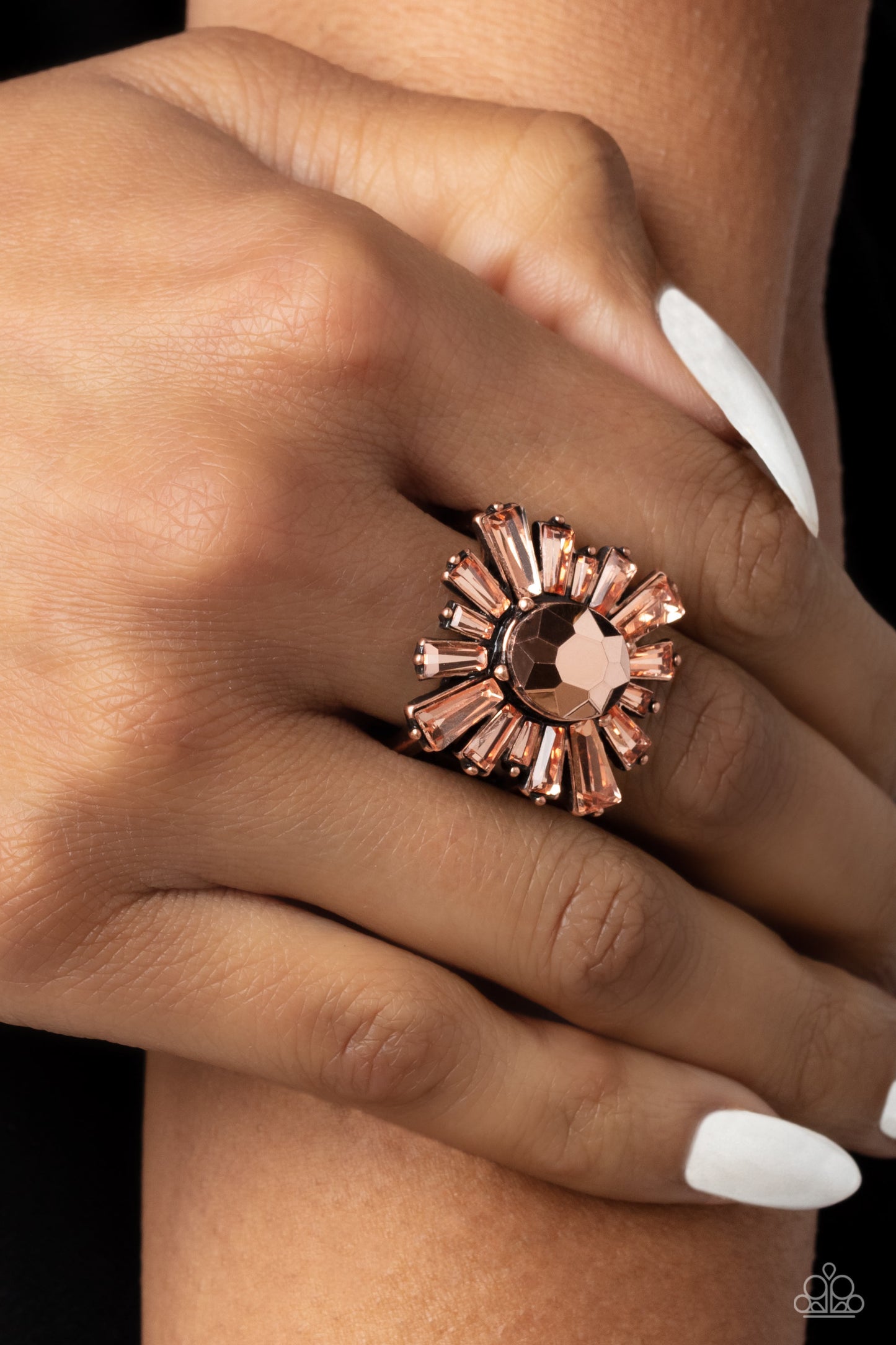 Starburst Season - Copper Aurum Gem Peachy Rhinestone Floral Ring Paparazzi R0605