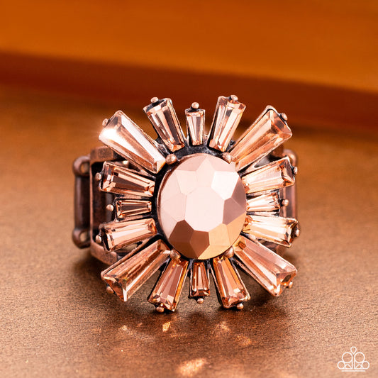 Starburst Season - Copper Aurum Gem Peachy Rhinestone Floral Ring Paparazzi R0605