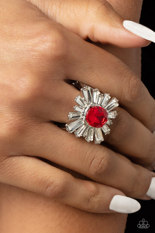 Starburst Season - Red Gem & White Rhinestone Ring Paparazzi R0598