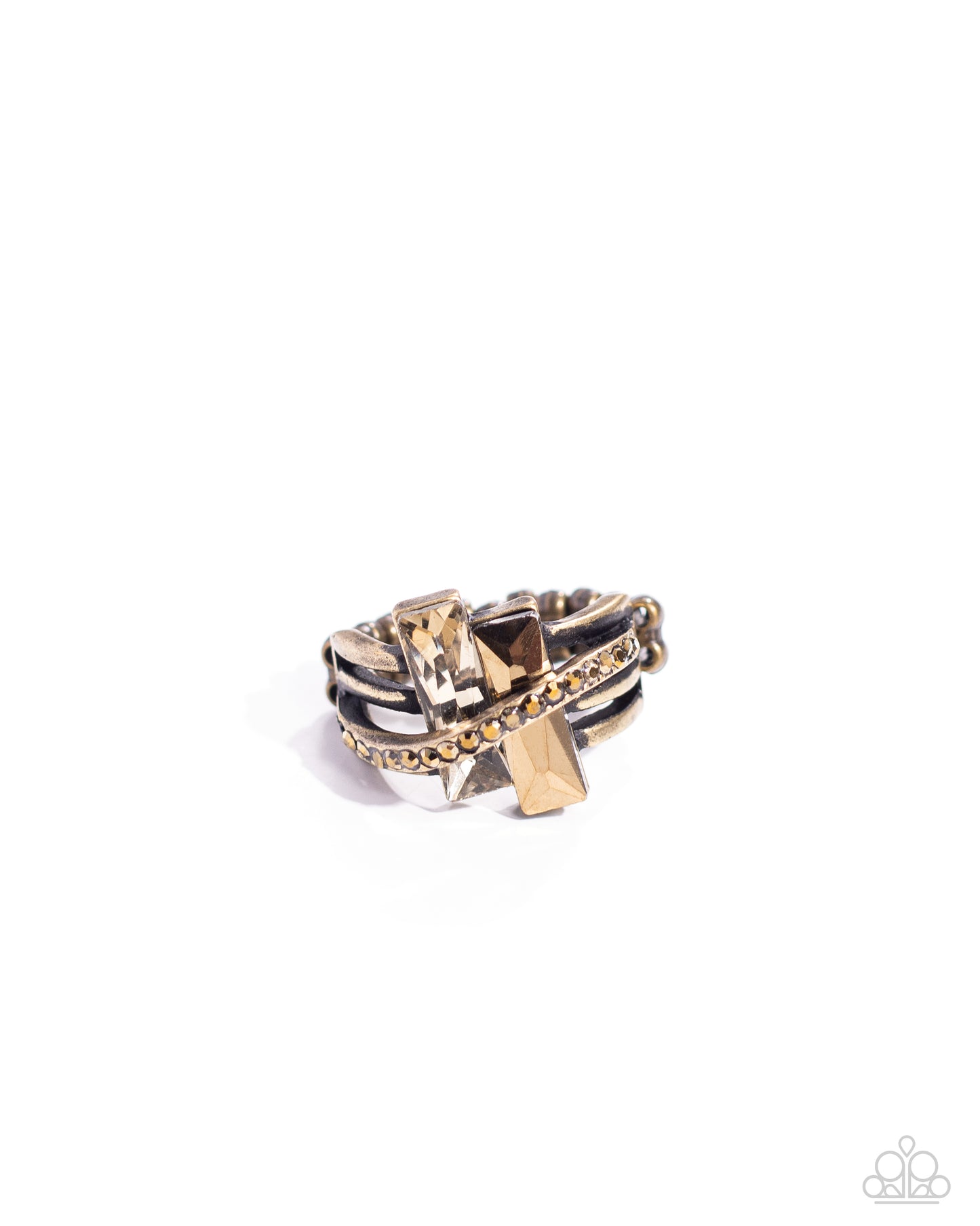 Dueling Difference - Brass, Metallic Aurum & Topaz Rhinestone Ring Paparazzi R0693