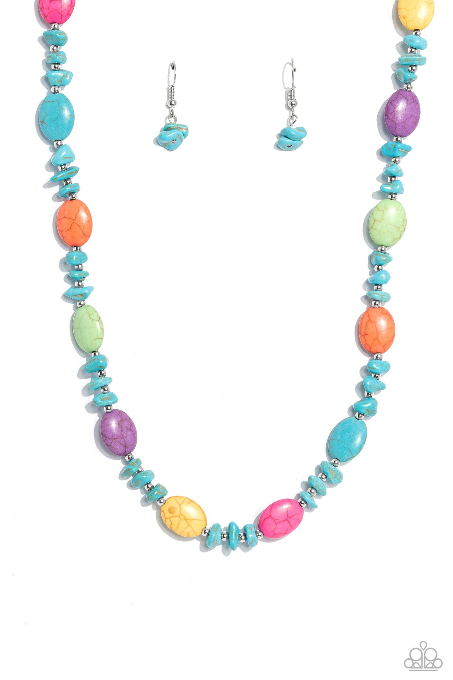 Stone Age Showcase - Multi Colored Turquoise, Pink, Orange, Apple Green Stone Santa Fe Style Necklace Paparazzi N1545