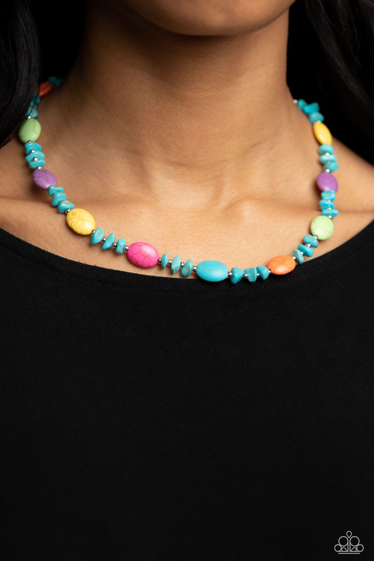 Stone Age Showcase - Multi Colored Turquoise, Pink, Orange, Apple Green Stone Santa Fe Style Necklace Paparazzi N1545