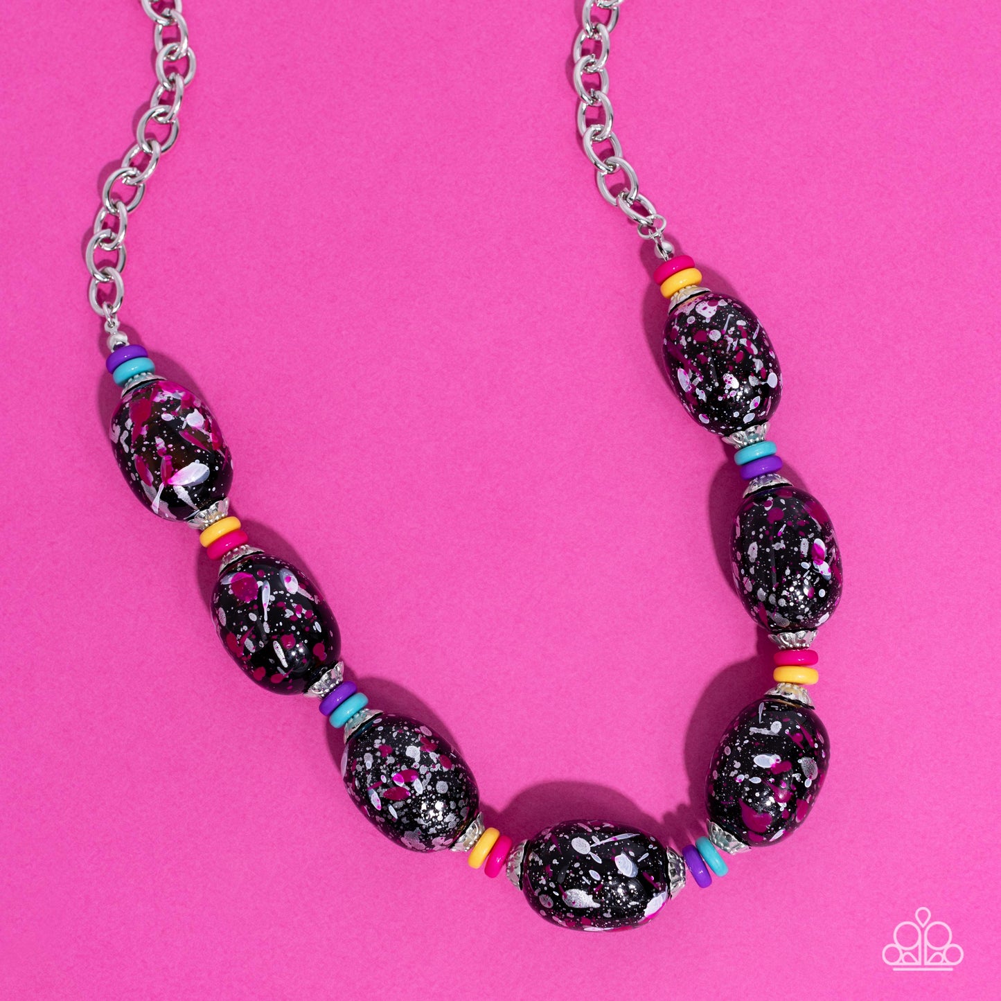 No Laughing SPLATTER - Pink, White, Silver Paint Splatter Black Bead Necklace Paparazzi N1882