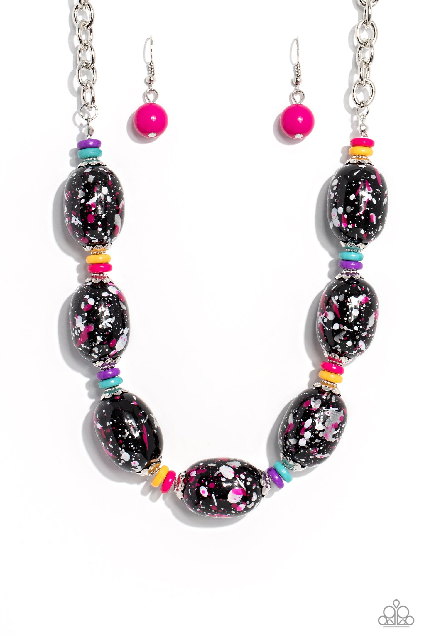 No Laughing SPLATTER - Pink, White, Silver Paint Splatter Black Bead Necklace Paparazzi N1882