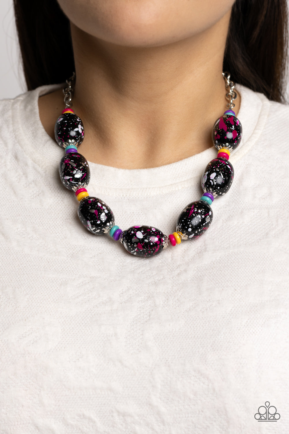 No Laughing SPLATTER - Pink, White, Silver Paint Splatter Black Bead Necklace Paparazzi N1882