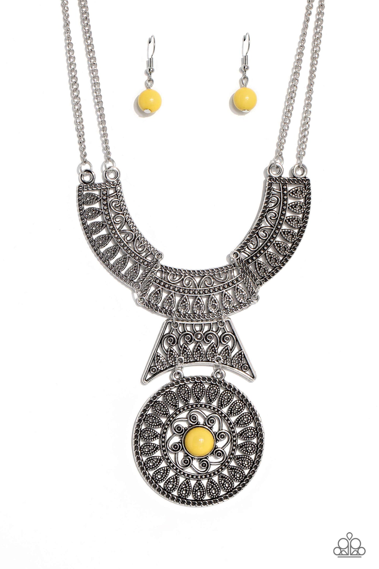 Fetching Filigree - Yellow Bead Silver Filigree Statement Necklace Paparazzi N2001