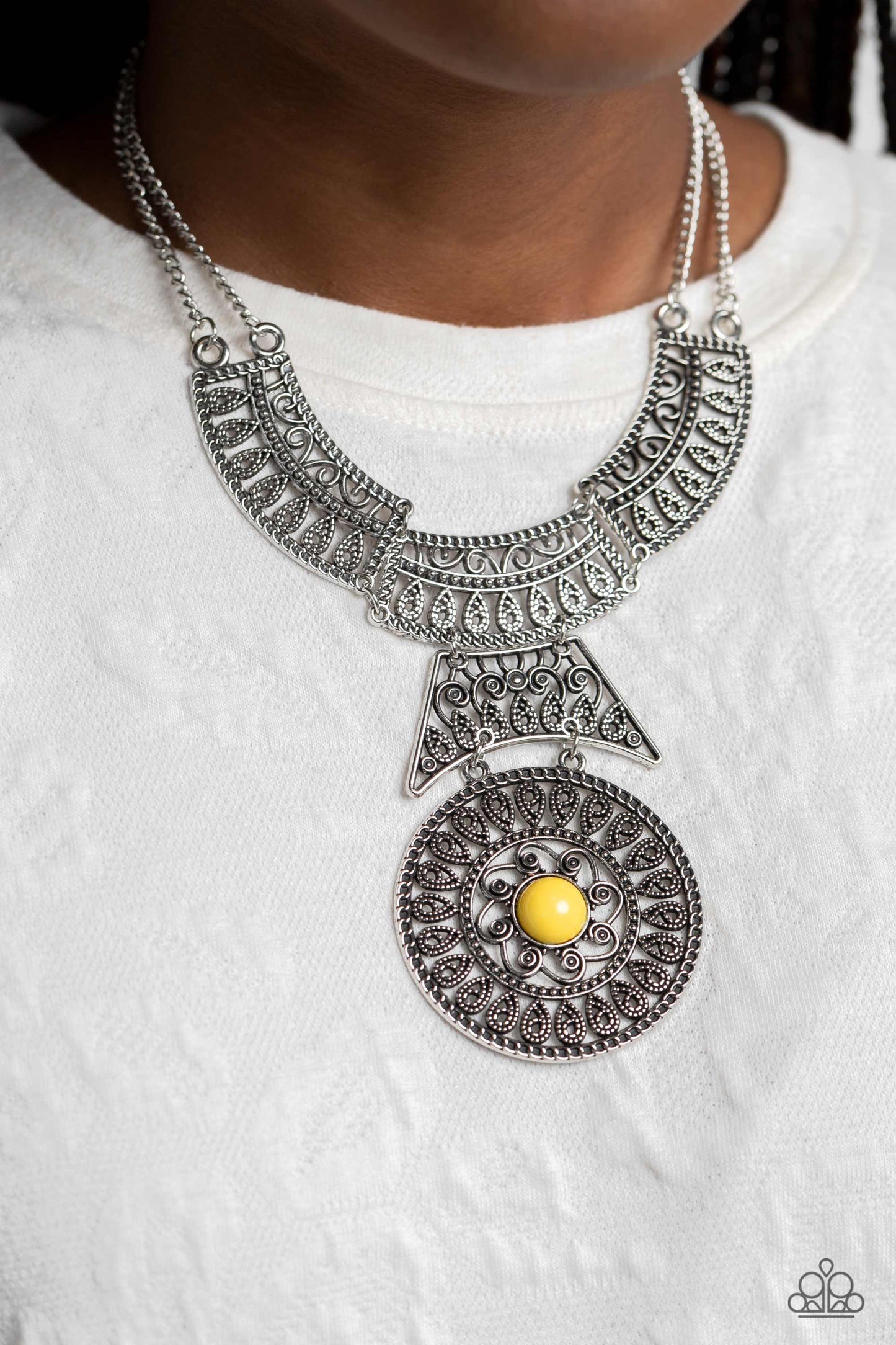 Fetching Filigree - Yellow Bead Silver Filigree Statement Necklace Paparazzi N2001