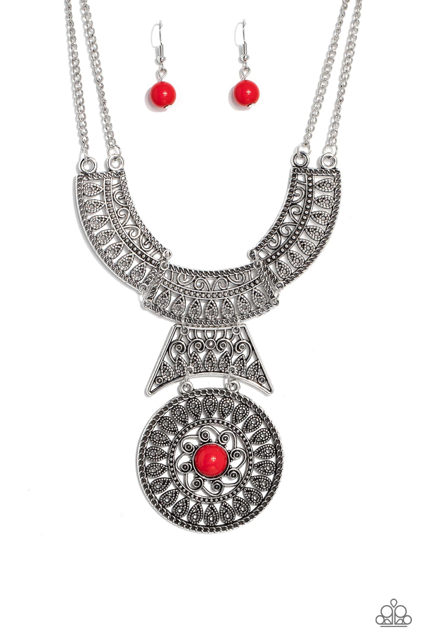 Fetching Filigree - Red Bead & Silver Filigree Floral Necklace Paparazzi N1740