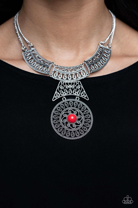 Fetching Filigree - Red Bead & Silver Filigree Floral Necklace Paparazzi N1740