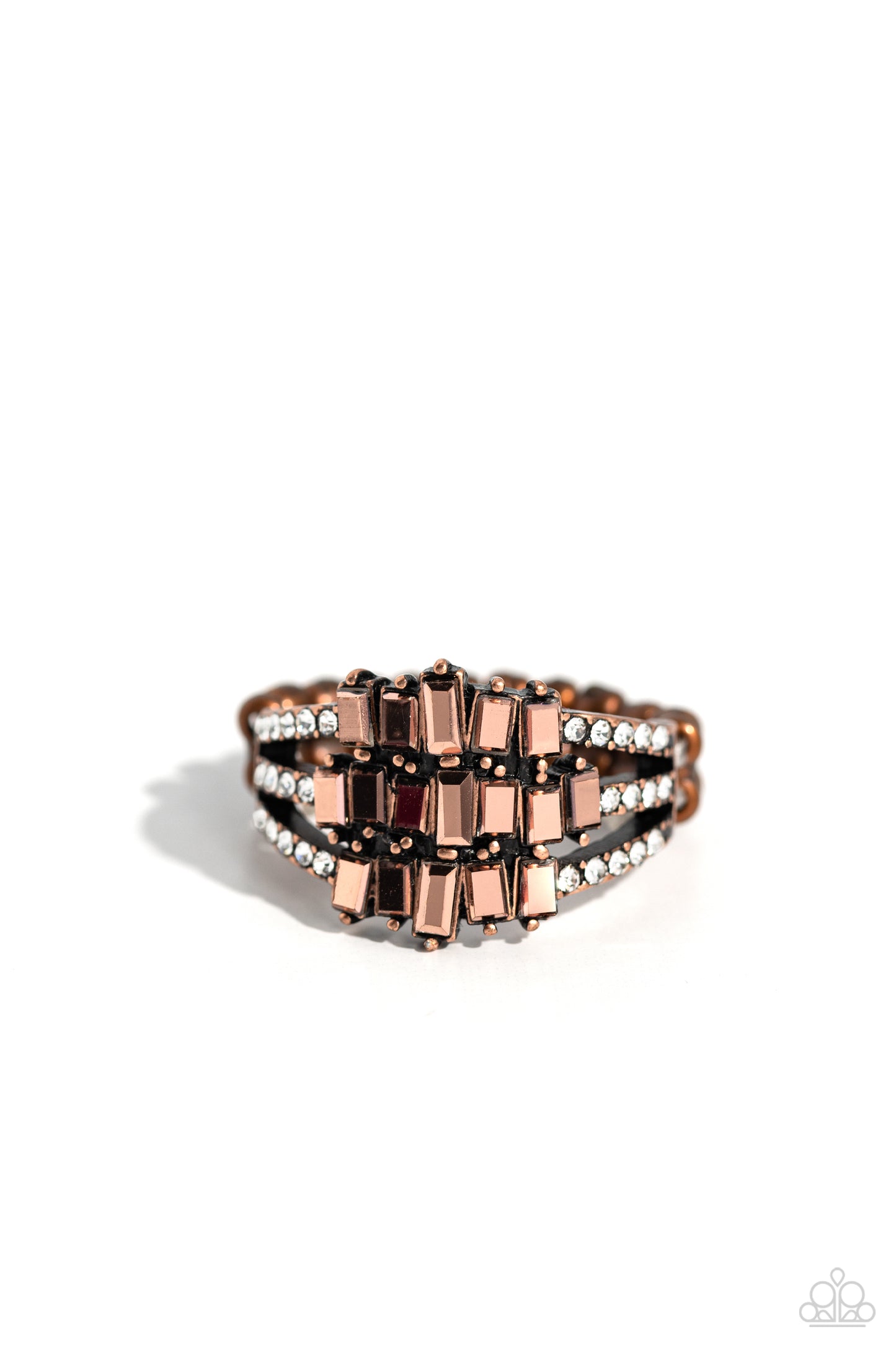 Stacking Up - Copper Aurum Bar & White Rhinestone Ring Paparazzi R0619