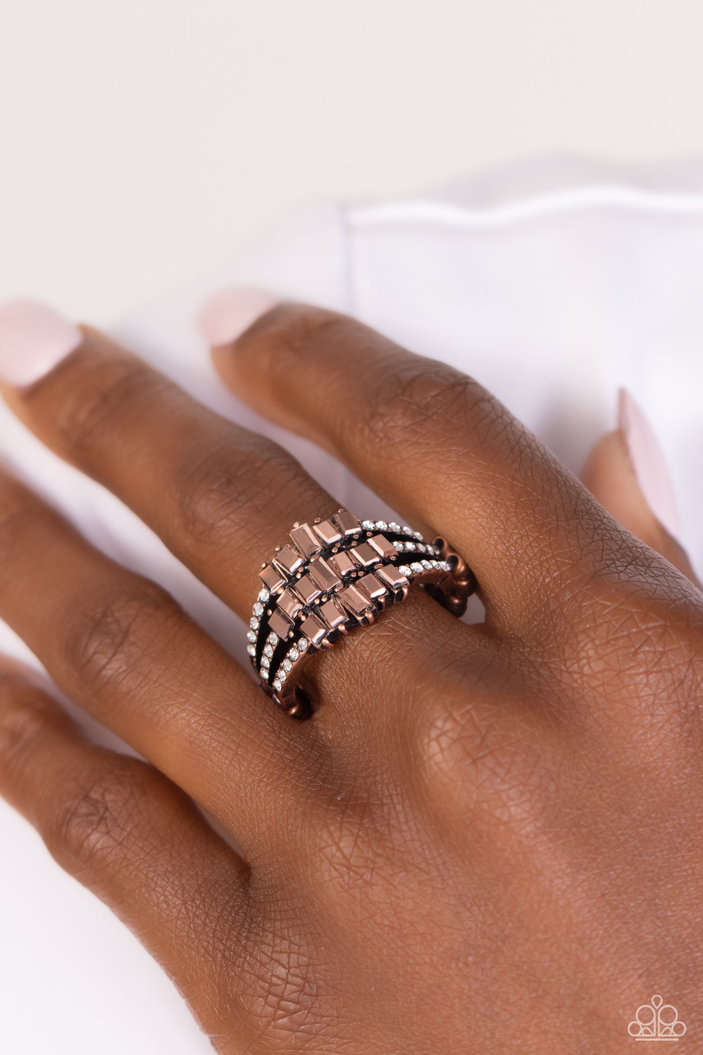 Stacking Up - Copper Aurum Bar & White Rhinestone Ring Paparazzi R0619