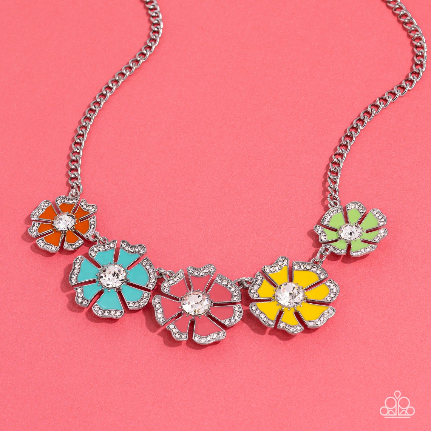 Playful Posies - Multi Colored Flower White Rhinestone Necklace Life Of The Party July 2023 Paparazzi N1668