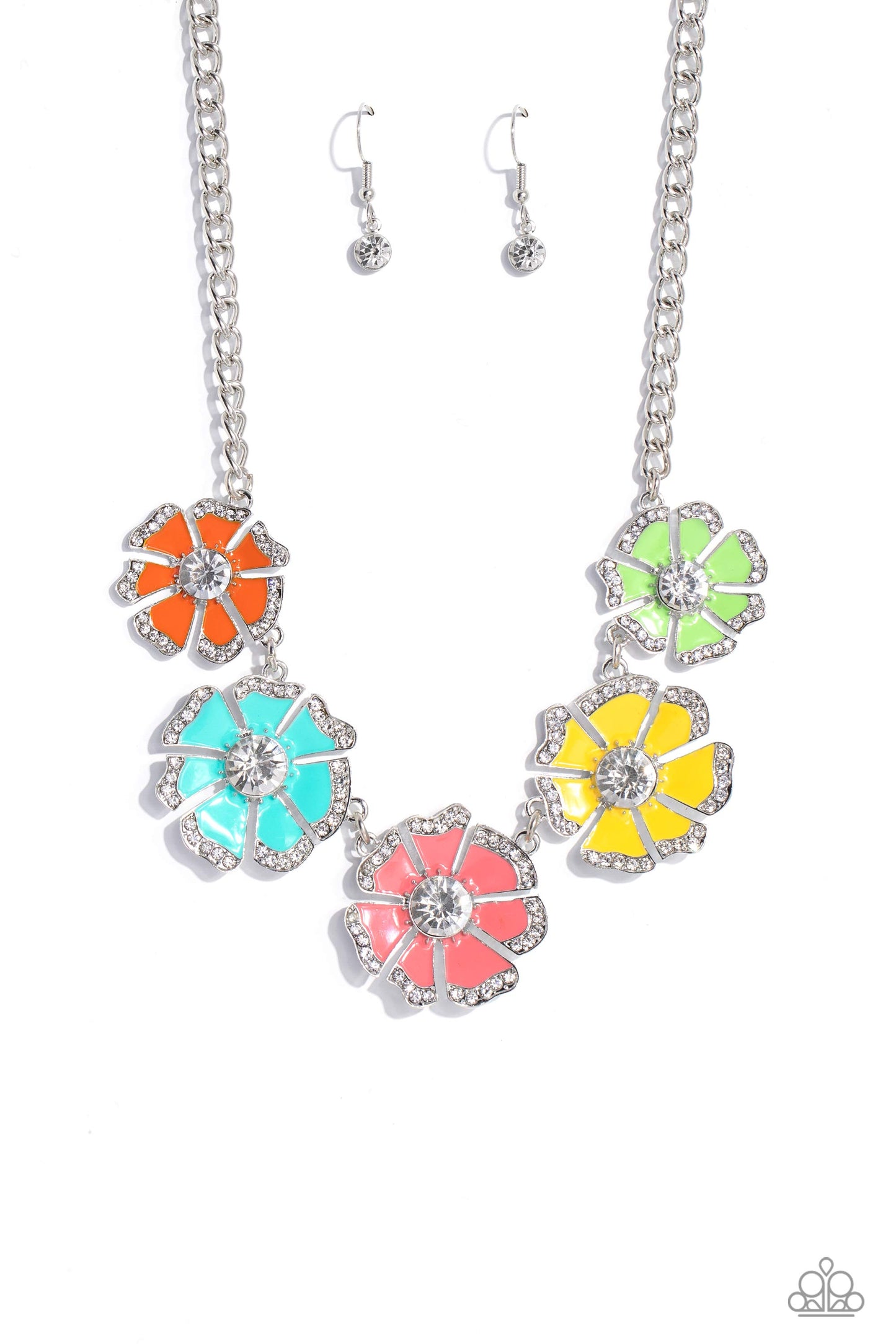 Playful Posies - Multi Colored Flower White Rhinestone Necklace Life Of The Party July 2023 Paparazzi N1668