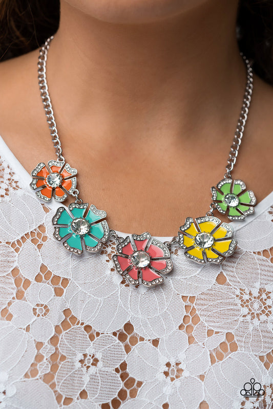 Playful Posies - Multi Colored Flower White Rhinestone Necklace Life Of The Party July 2023 Paparazzi N1668