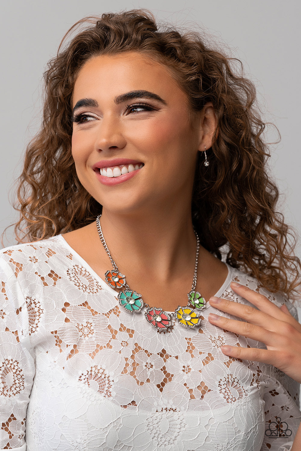 Playful Posies - Multi Colored Flower White Rhinestone Necklace Life Of The Party July 2023 Paparazzi N1668