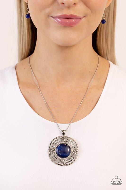 Maze STUNNER - Blue Navy Cat's Eye Stone Hammered Silver Frame Necklace Paparazzi N1827