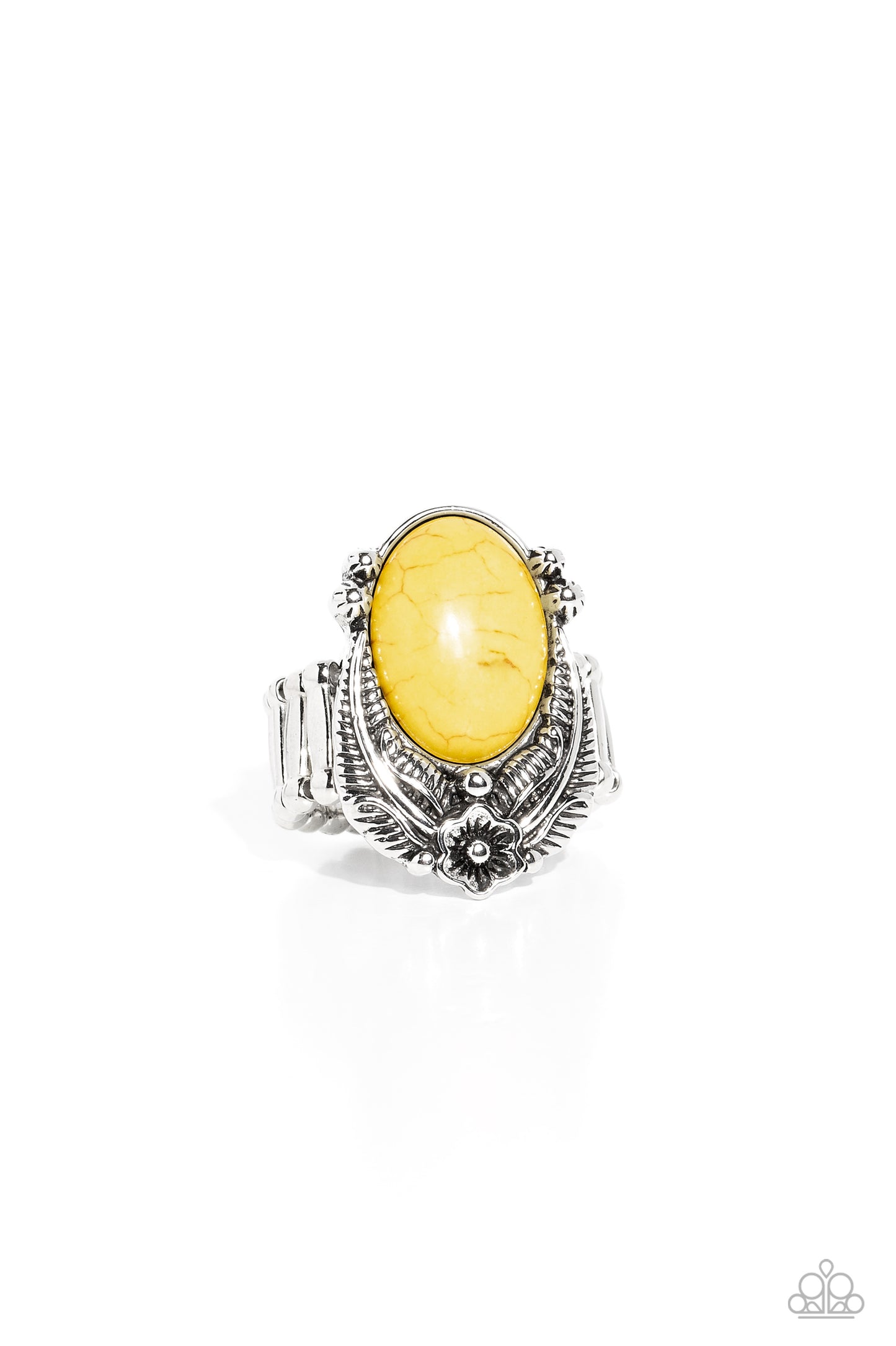 Serrated Style - Yellow Stone Silver Floral Santa Fe Style Ring Paparazzi R0524