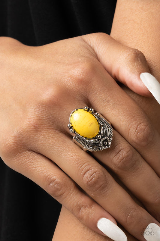 Serrated Style - Yellow Stone Silver Floral Santa Fe Style Ring Paparazzi R0524