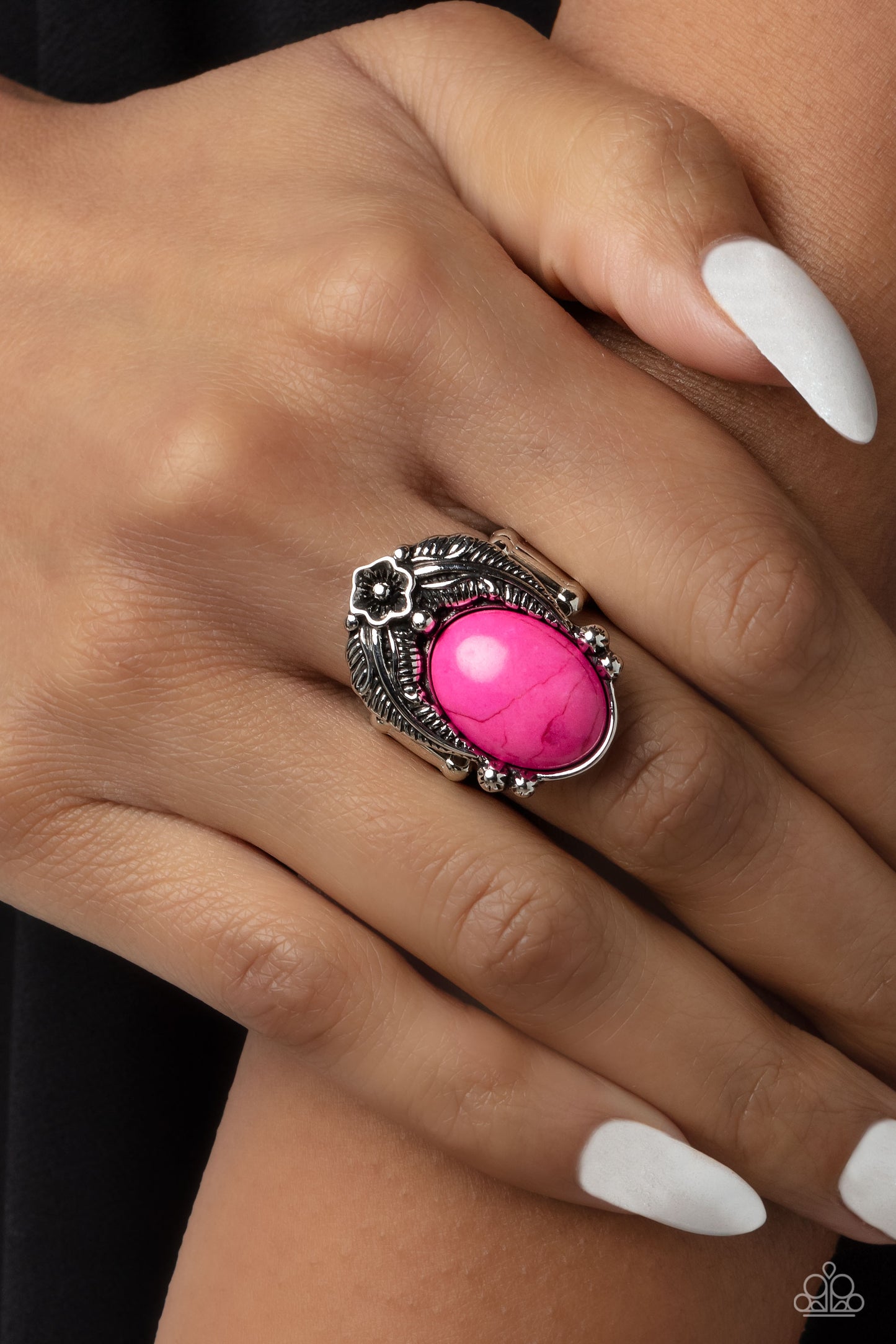 Serrated Style - Pink Stone Silver Santa Fe Style Ring Paparazzi R0594