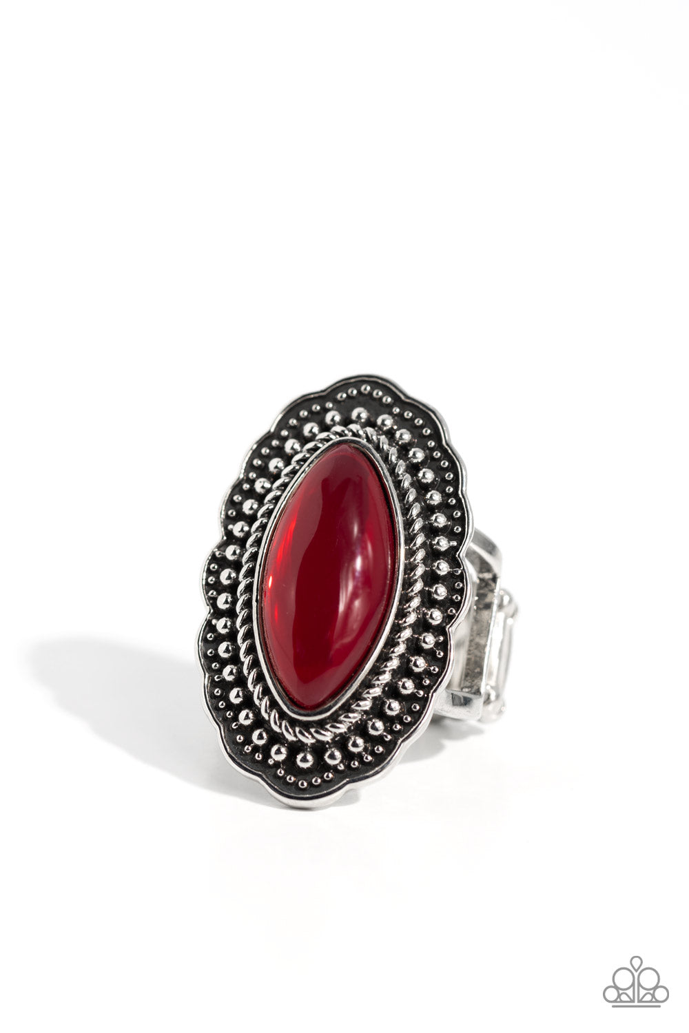 Western Wager - Red Marquise Bead Antiqued Texture Silver Ring Paparazzi R0530