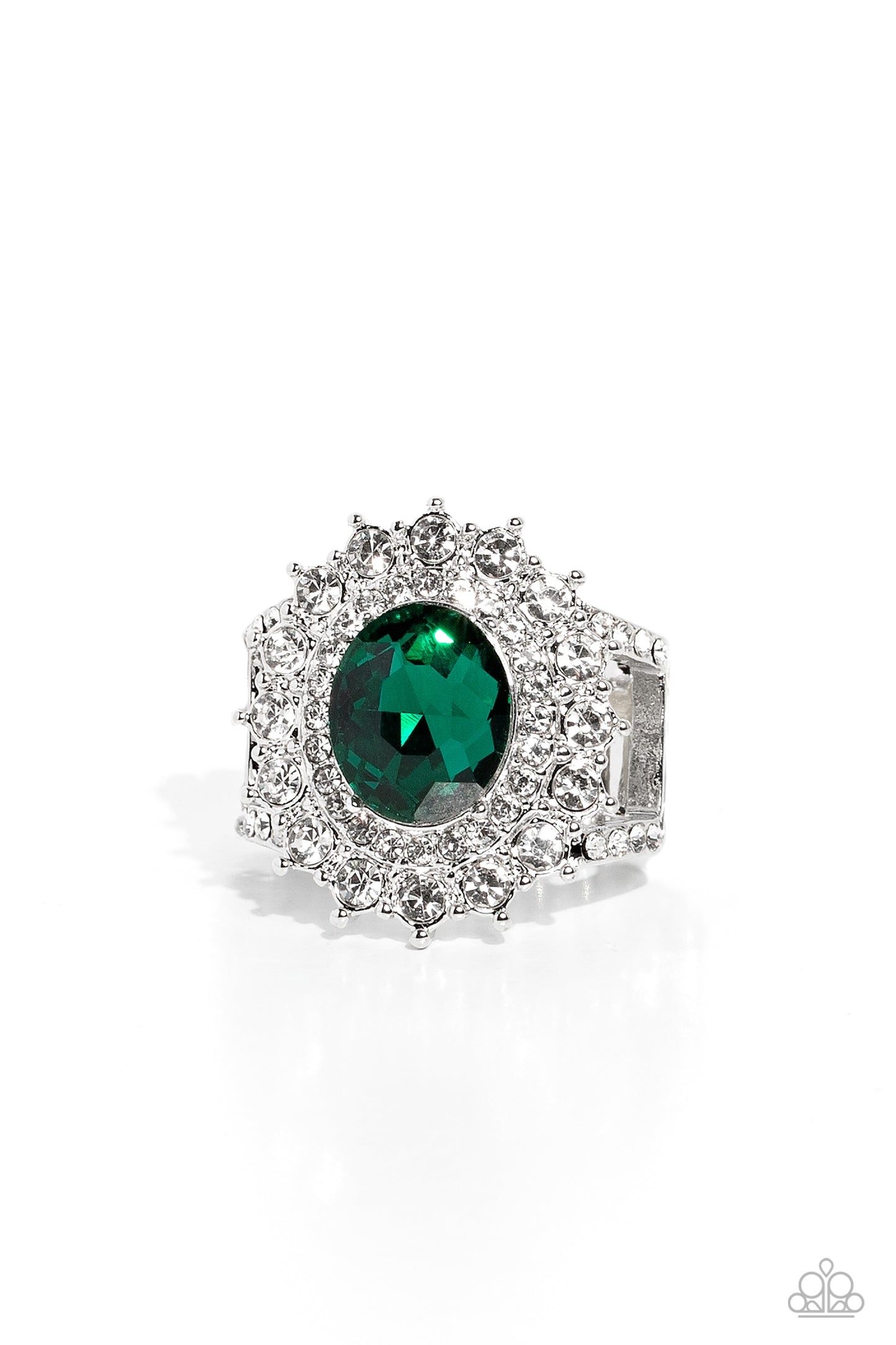 Layered Luminescence - Green Emerald Gem White Rhinestone Ring Paparazzi R0673