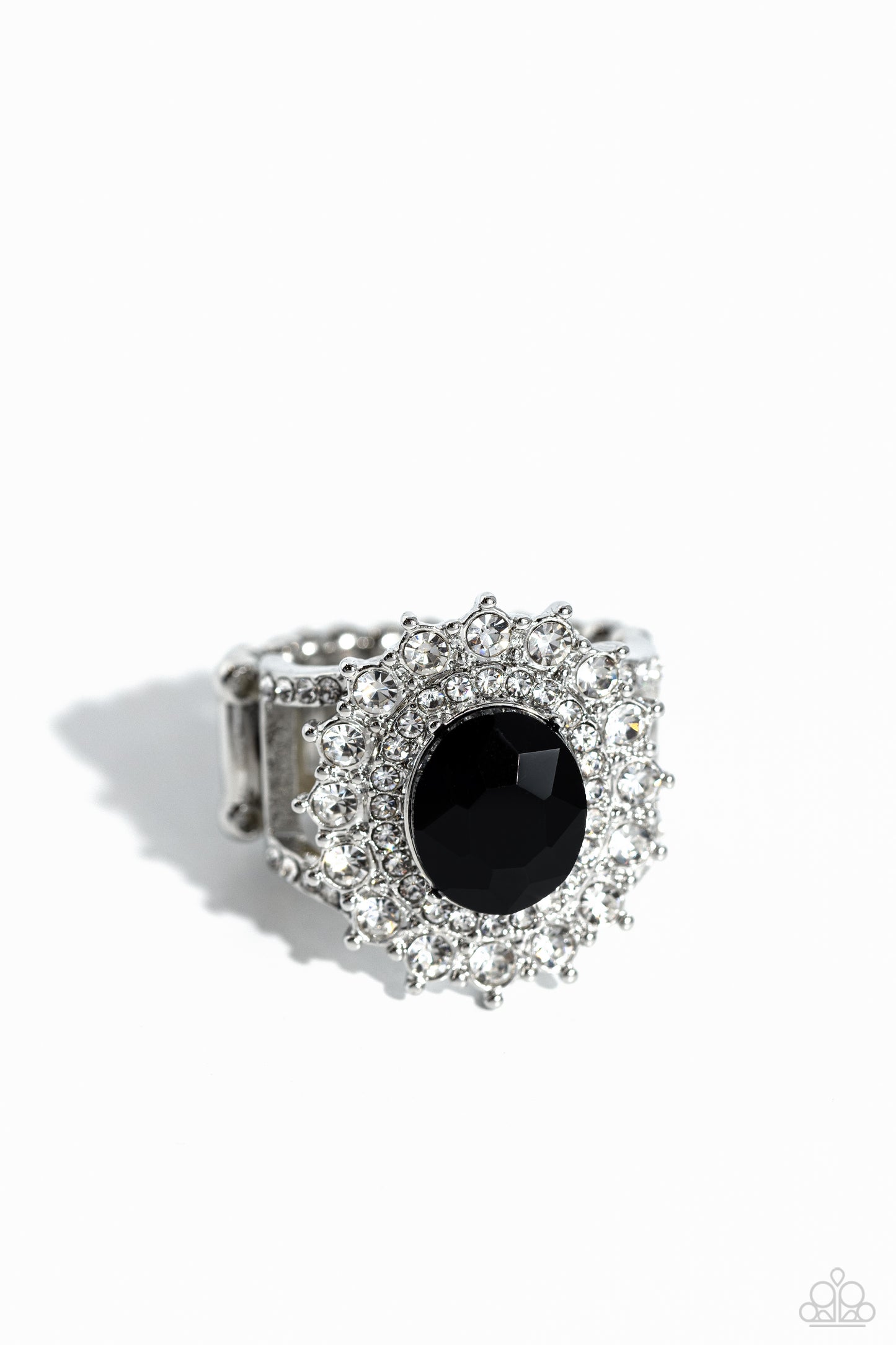 Layered Luminescence - Black Gem White Rhinestone Ring Paparazzi R0552