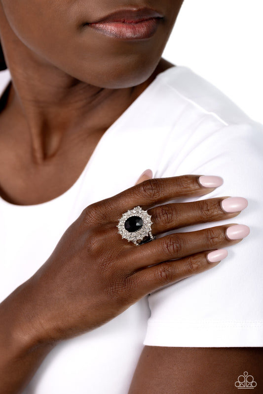 Layered Luminescence - Black Gem White Rhinestone Ring Paparazzi R0552