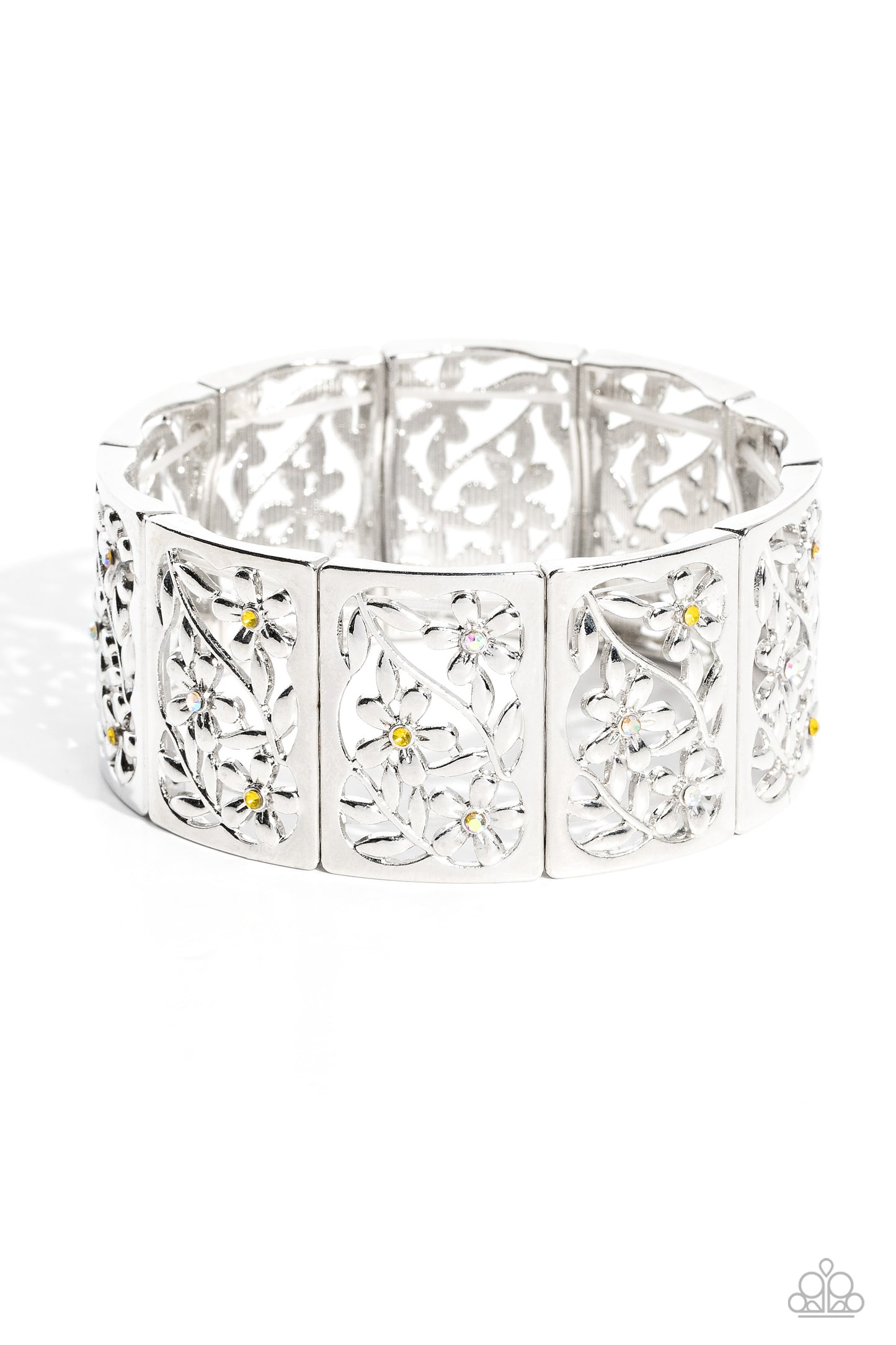 Garden Walls - Yellow & Iridescent Rhinestone Leafy Floral Filigree Stretch Bracelet Paparazzi B1134