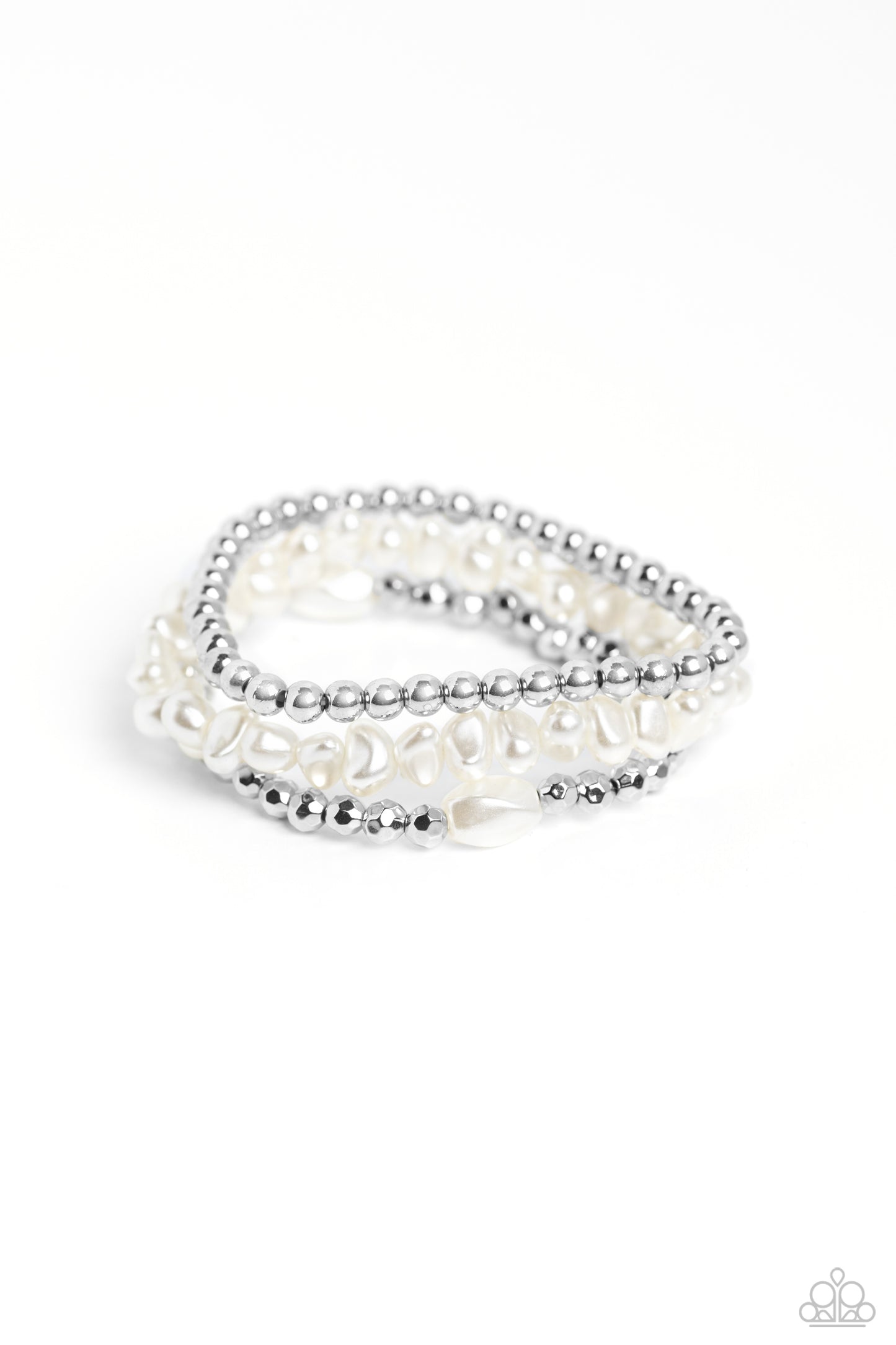 Effulgent Exchange - White Baroque Pearl & Silver Bead Stretch Bracelet Set Paparazzi B1313