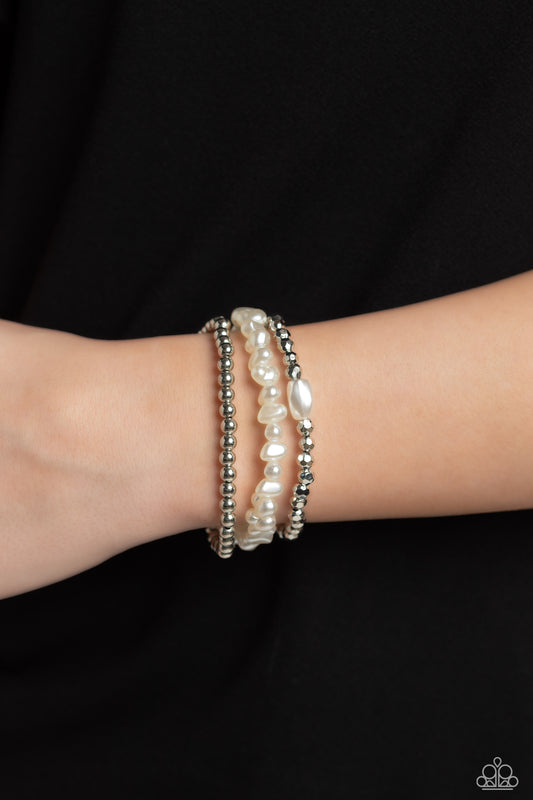 Effulgent Exchange - White Baroque Pearl & Silver Bead Stretch Bracelet Set Paparazzi B1313