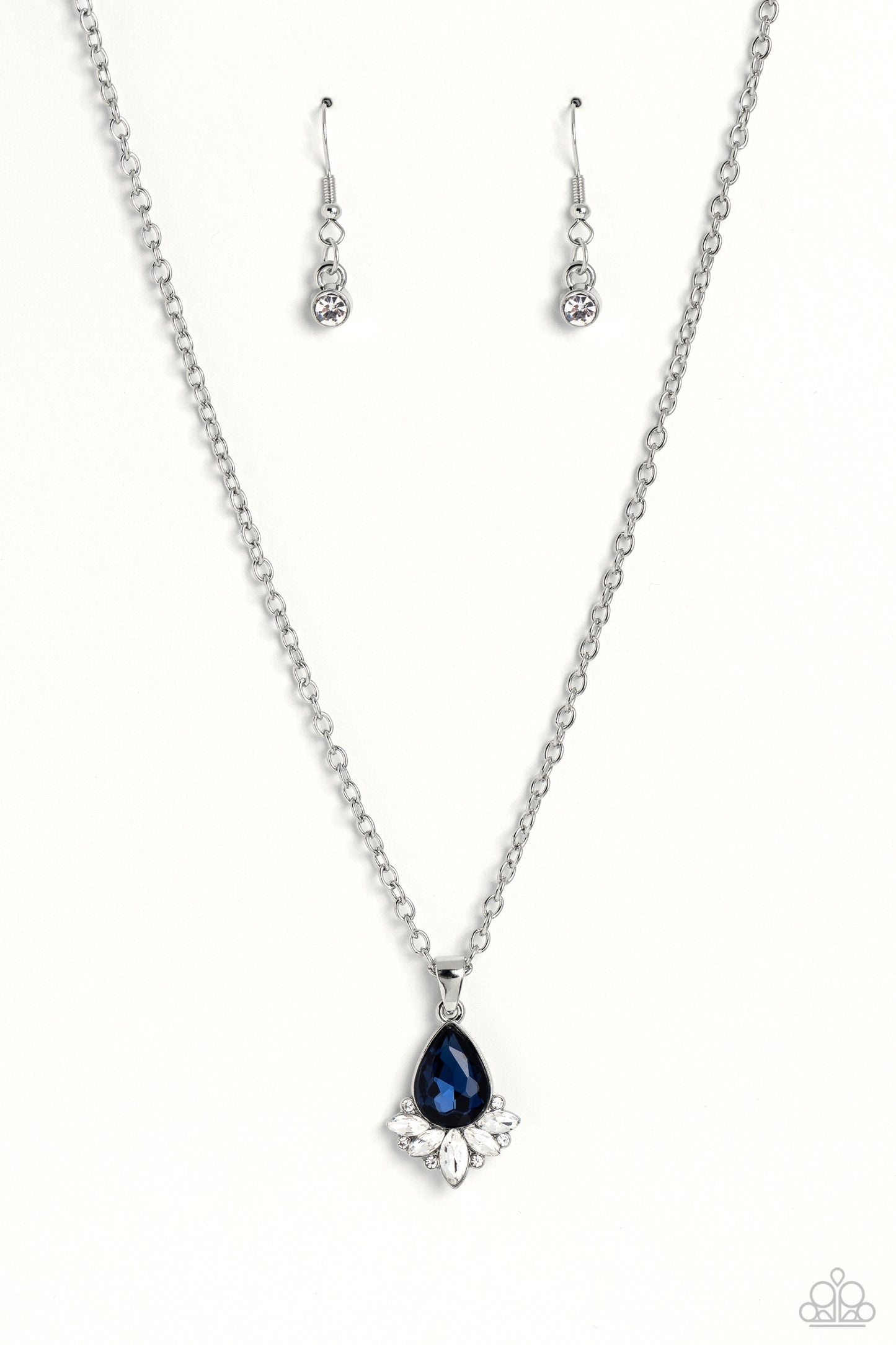 Fancy Fringe - Blue Teardrop Gem & White Rhinestone Necklace Paparazzi N1934