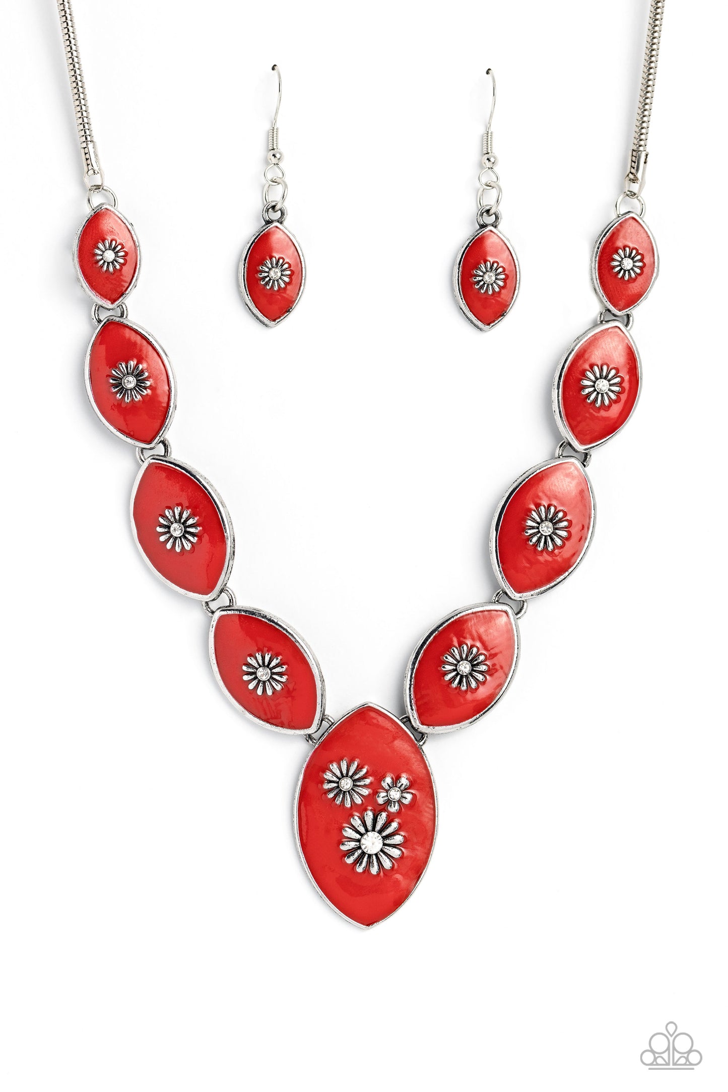 Pressed Flowers - Red Painted Floral Silver White Rhinestone Necklace Paparazzi N1830