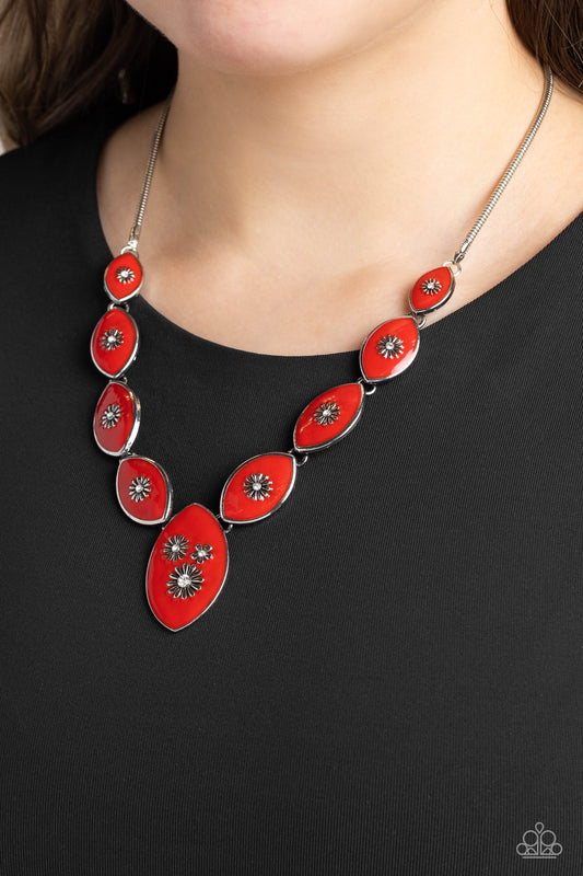 Pressed Flowers - Red Painted Floral Silver White Rhinestone Necklace Paparazzi N1830