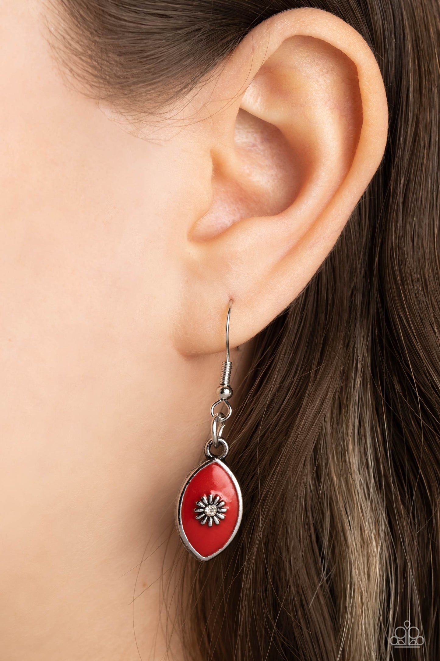 Pressed Flowers - Red Painted Floral Silver White Rhinestone Necklace Paparazzi N1830