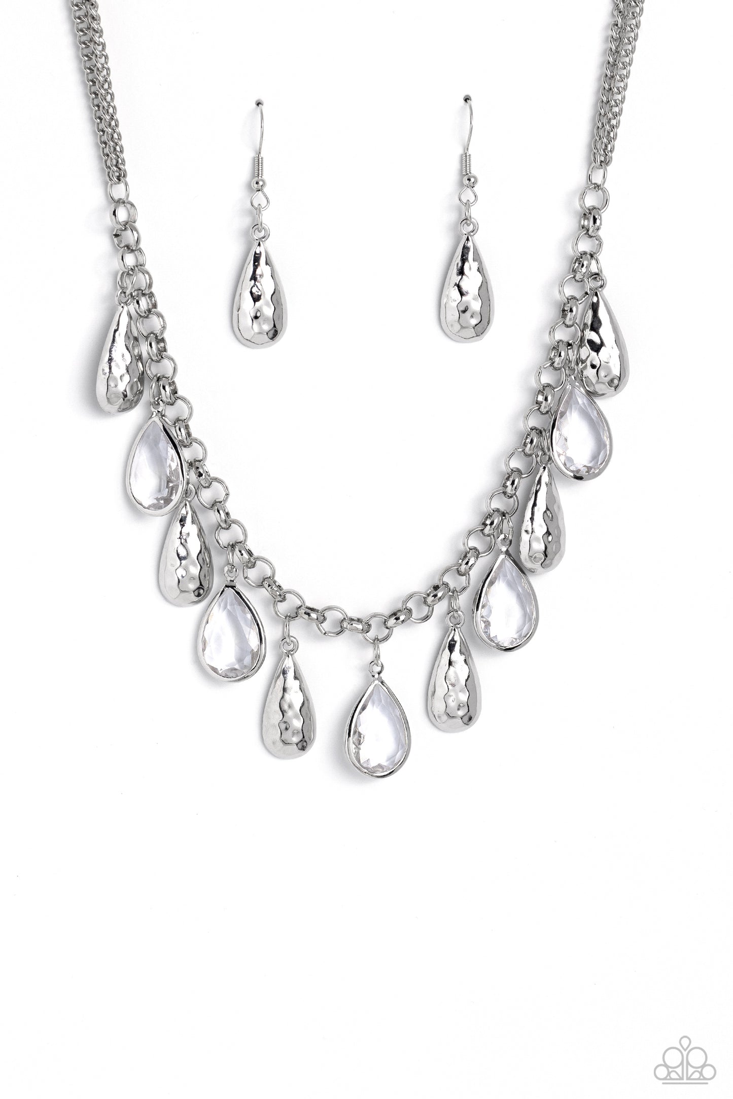 Teardrop Timbre - White Clear & Silver Teardrop Necklace Paparazzi N1756