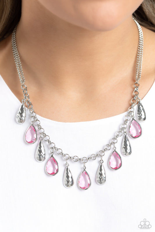 Teardrop Timbre - Pink & Silver Teardrop Necklace Paparazzi N1879