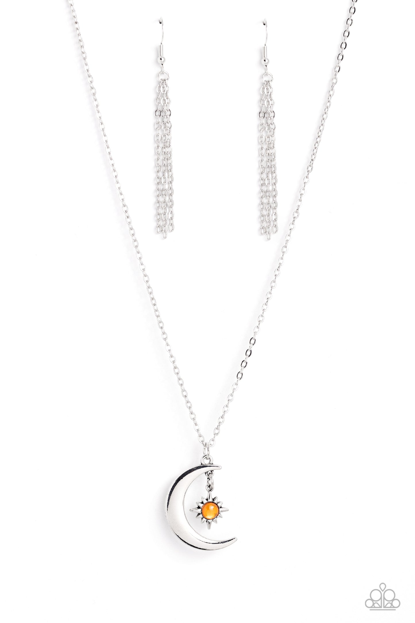 Stellar Sway - Orange Glassy Bead Silver Moon & Star Necklace Paparazzi N1897