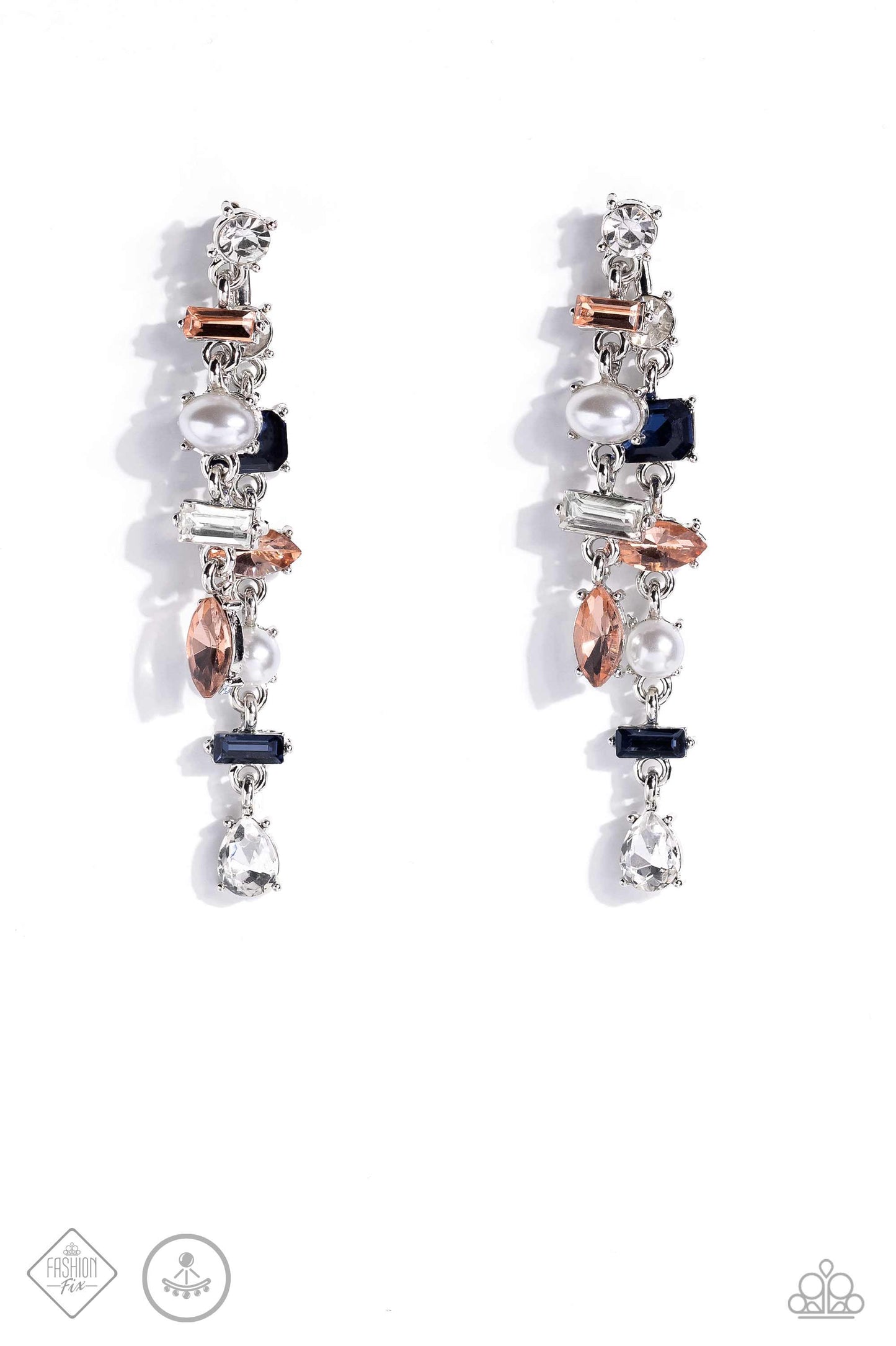 Admirable Antiquity - Multi White, Blue & Peach Rhinestone Ear Crawler Earring Fashion Fix September 2023 Paparazzi E1598