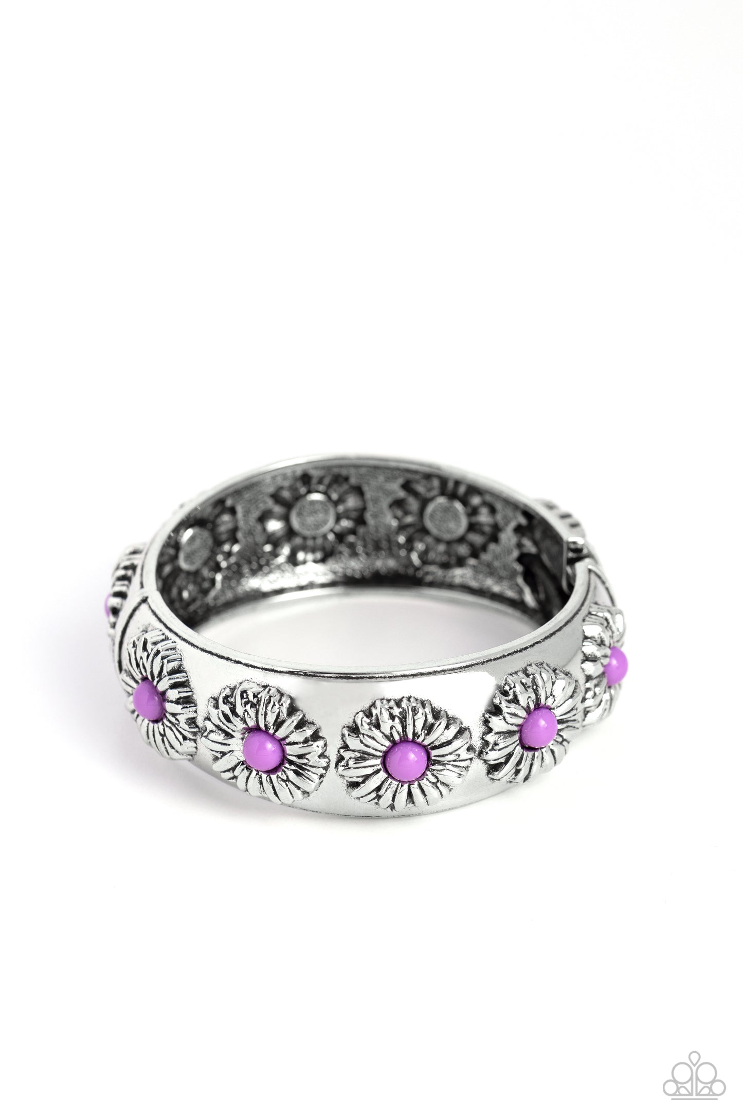 Taking FLORAL - Purple lavender Bead Silver Sunflower Hinge Bracelet Paparazzi B1221