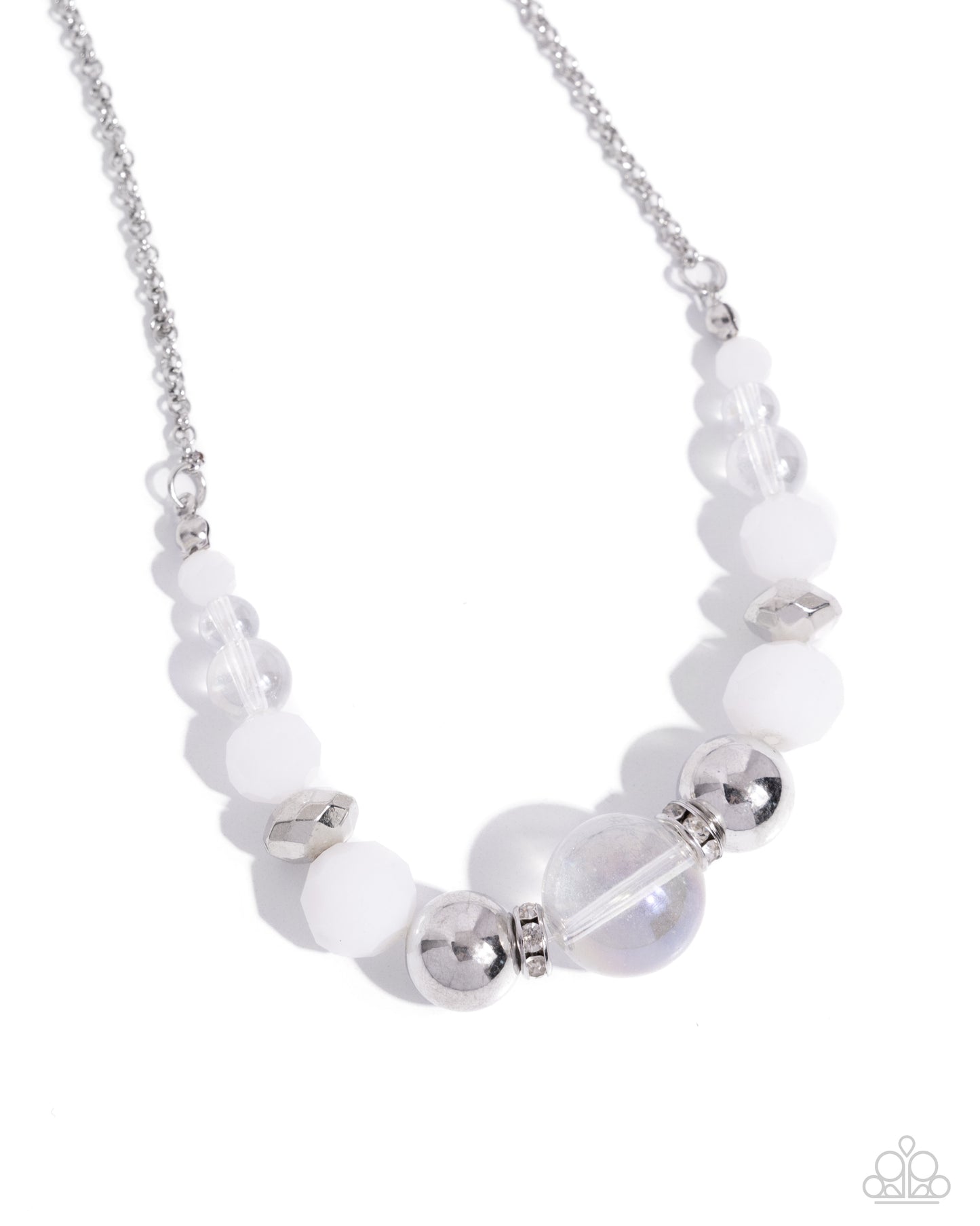 Disco Date - White Opaque, Iridescent & Silver Bead Necklace Paparazzi N2342