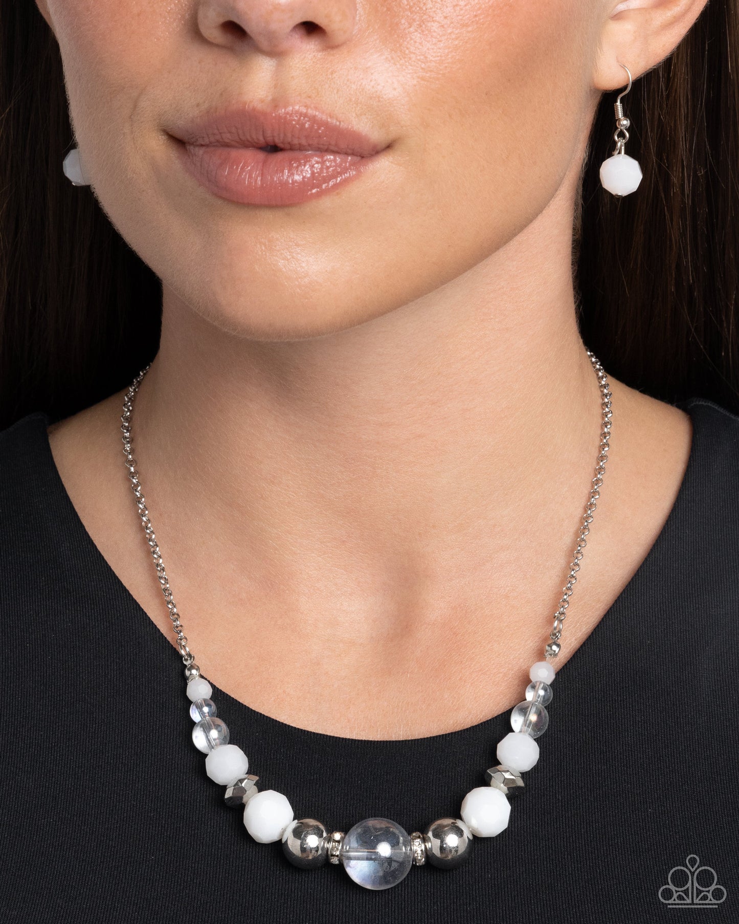 Disco Date - White Opaque, Iridescent & Silver Bead Necklace Paparazzi N2342