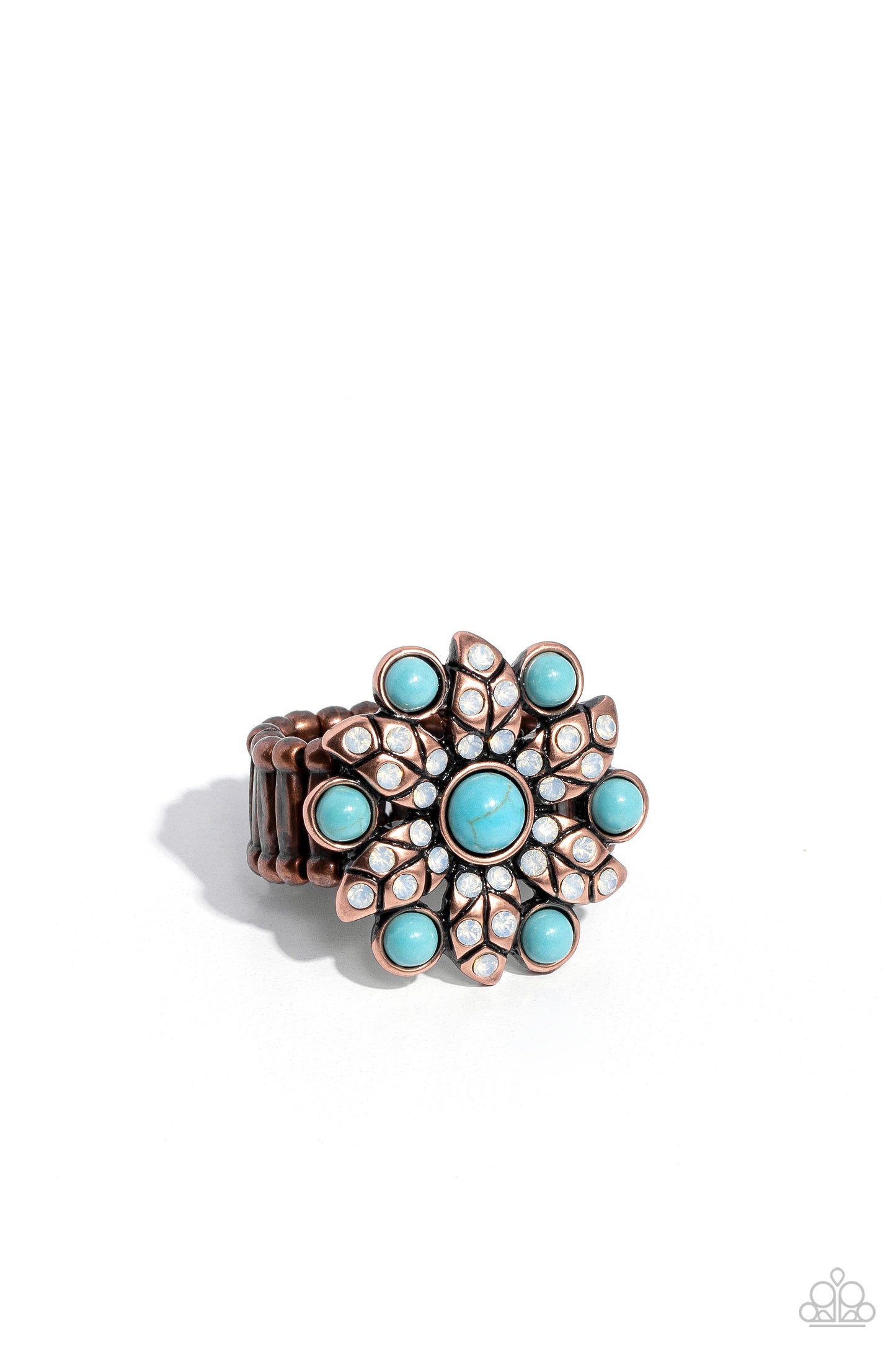 Flower of Life - Copper Floral Frame Turquoise Stone & Opalescent Rhinestone Ring Paparazzi R0548