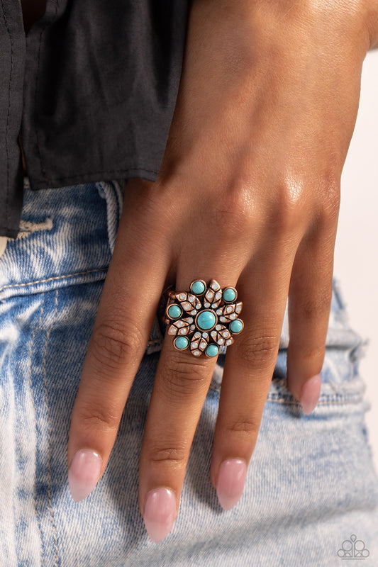 Flower of Life - Copper Floral Frame Turquoise Stone & Opalescent Rhinestone Ring Paparazzi R0548