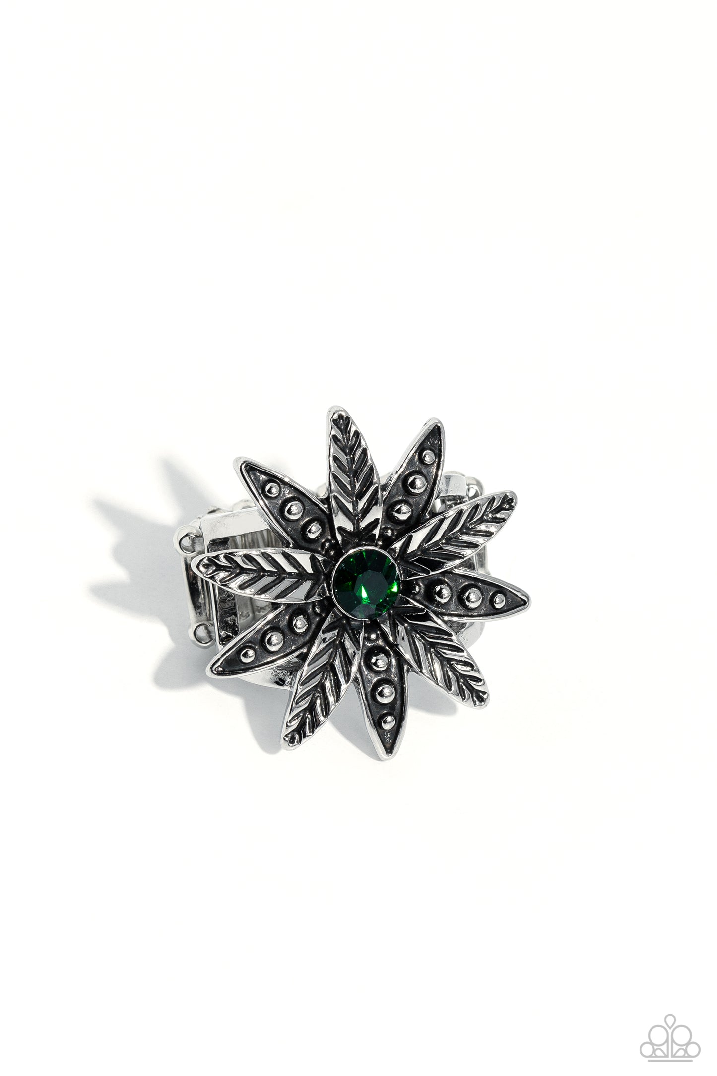 Sunflower Season - Green Emerald Center Gem Silver Sunflower Flower Ring Paparazzi R0533