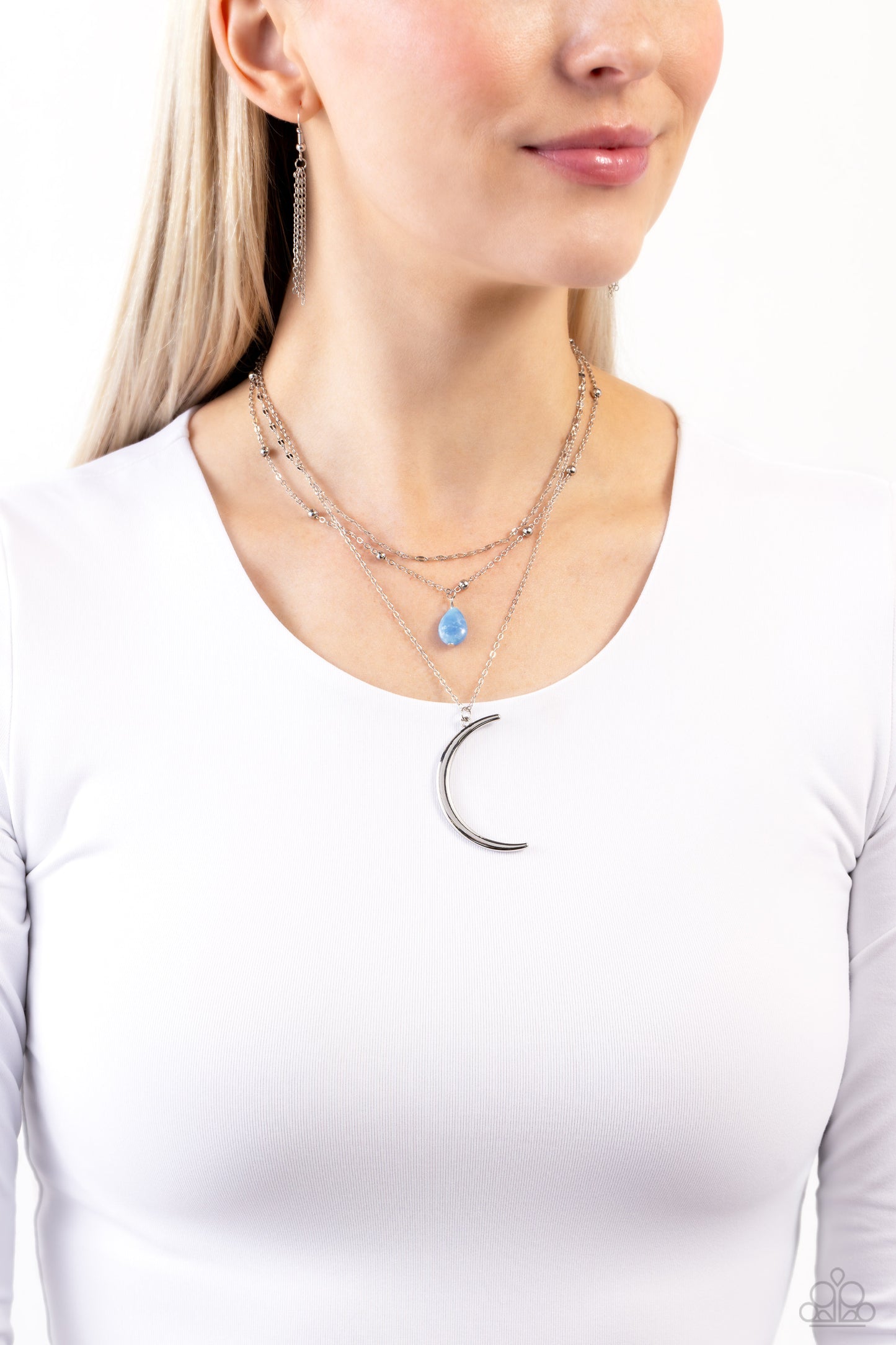 Lunar Landslide - Blue Teardrop & Silver Crescent Moon Necklace Paparazzi n1697